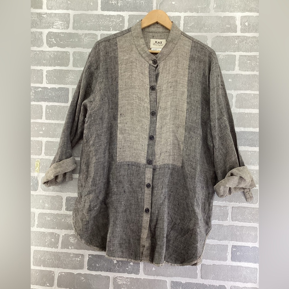 Vintage Flax 100% Linen charcoal tan oversized colorblock button front top small